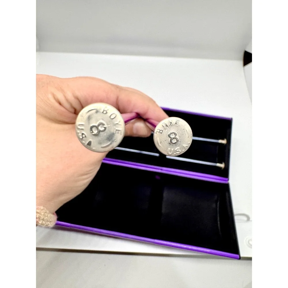 Boye Knitting Needles Set Size 8 and 9 Aluminum‎ with Purple KnitCare Case USA